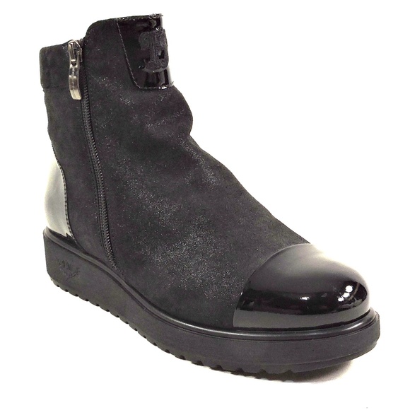 MARZETTI 🇮🇹 WOMEN'S BLACK SUEDE & PATENT LEATHER LAMB FUR COMFORT BOOTIE - Picture 3 of 7
